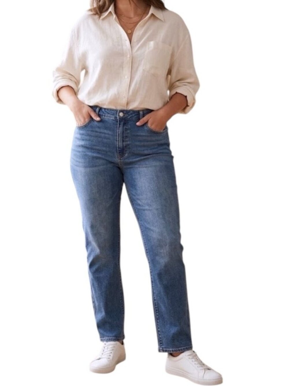 Curve Appeal Mid Rise Relaxed Fit Causal Stretch Medium Wash Blue Jeans Size 8